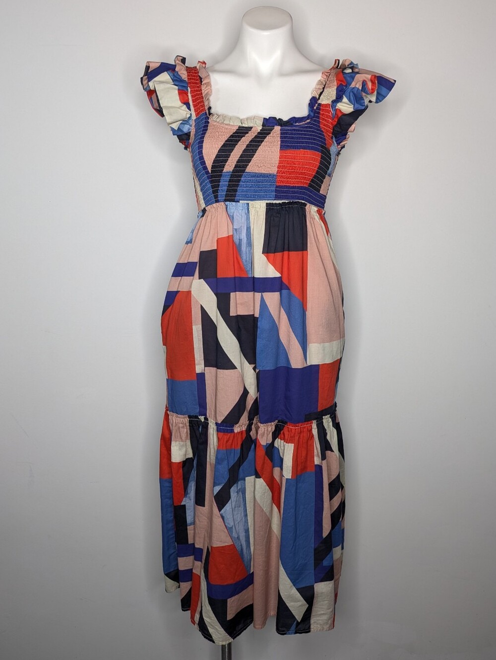 Tuckernuck Mallie Red Peach Blue Abstract Geometric Smocked Ruffle Sleeve Dress